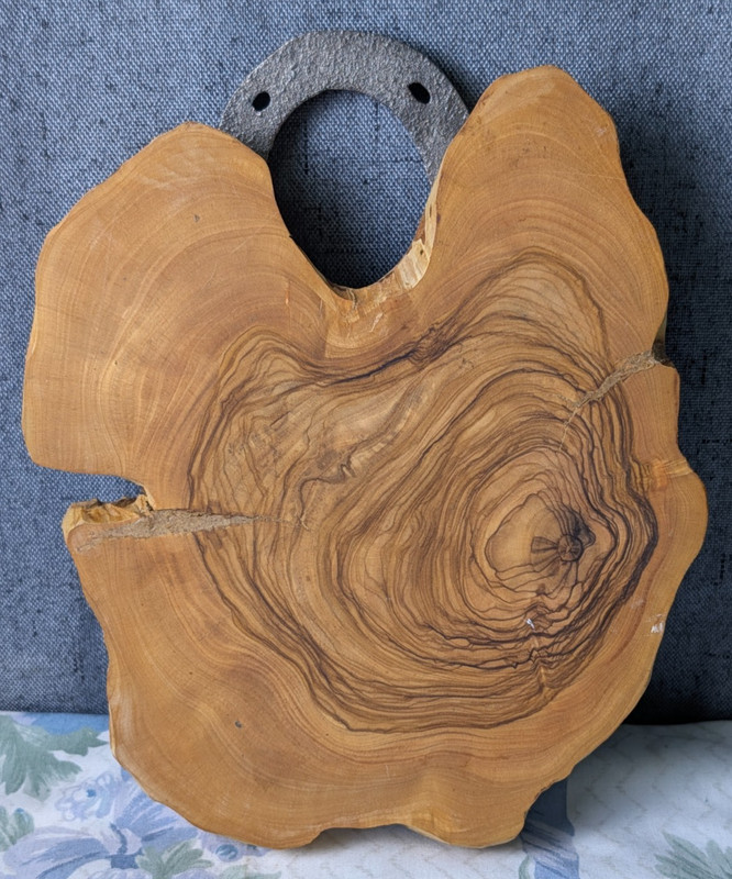 Vintage Natural Olivewood Tree Slice 9″ Slab Cast Iron Horseshoe Handcrafted Art