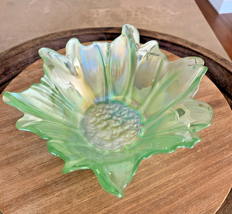 Akcam Light Green Iridescent Turkish Floral Art Glass Bowl Candy Dish 6" gallery