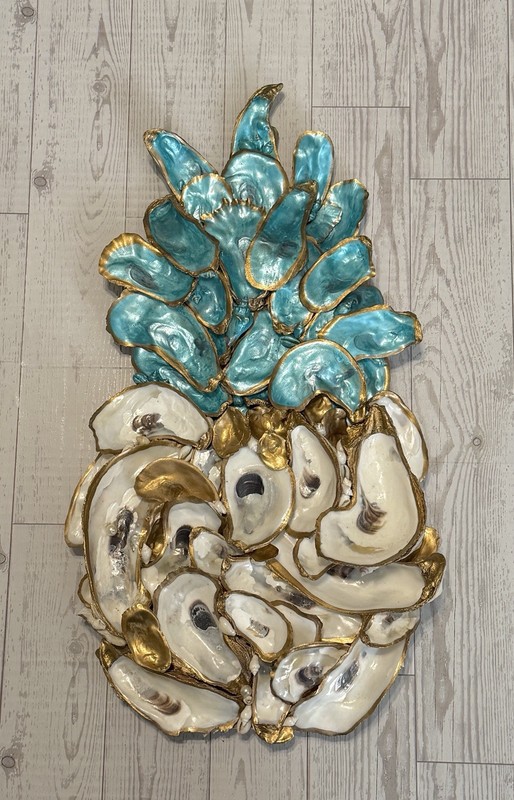DECOUPAGE PAINTED OYSTER SHELL PINEAPPLE WALL ART COASTAL SHELLS TURQUOISE GOLD