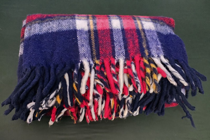 Vintage FARIBO Fluff Wool Plaid Blue Variegated Blanket 49 X 57