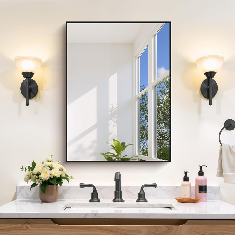 Modern Black Rectangle Wall Mirror 18×24″ with Metal Frame – Versatile Design