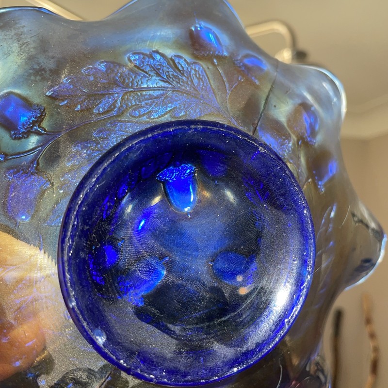 Vintage Fenton Iridescent Carnival Glass Acorn Pattern Blue Ruffled 7.5 in Bowl gallery