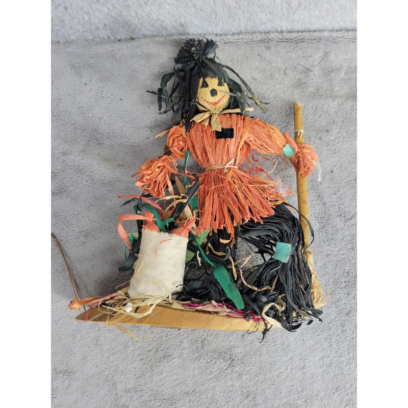 Vintage Straw Witch Figurine with Broom Halloween Rustic Decor 8″