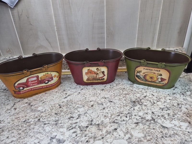 Set of 3 Fall Harvest Rustic Metal Decorative Baskets Tubs Pumpkin Farm Decor
