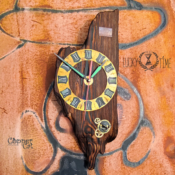 Designer Wooden Wall Clock "Lucky Time" Old natural burned wood Unique item 