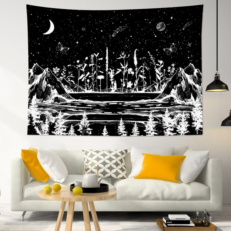 Boho Starry Moon Butterfly Wildflower Tapestry for Bedroom Living Room Dorm