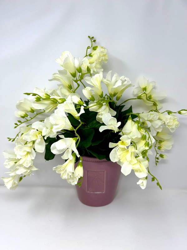 16" Vintage HANGING Pink Dragonfly Ceramic WALL POCKET, Silk White Freesia flowe gallery