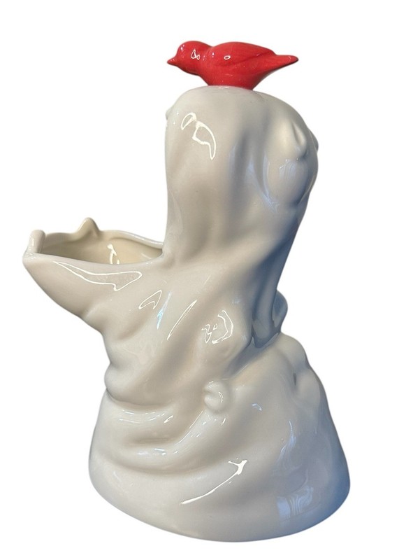 Yawning Hippo Vase Ceramic Hippopotamus Pink Bird Whimsical Decor