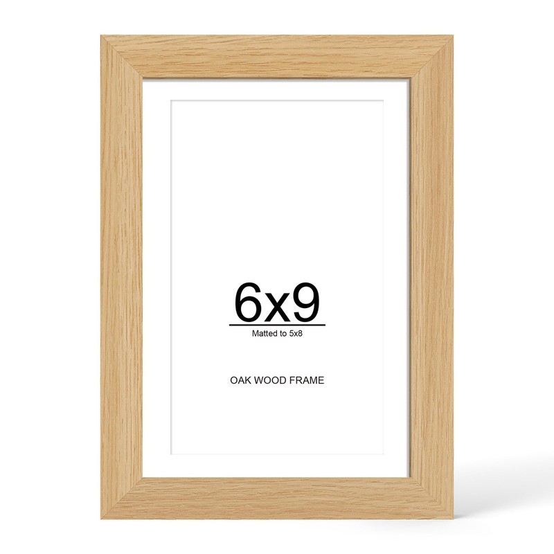 6×9 Oak Wood Photo Frame w/ 5×8 Mat & Tempered Glass, for Wall Tabletop Display