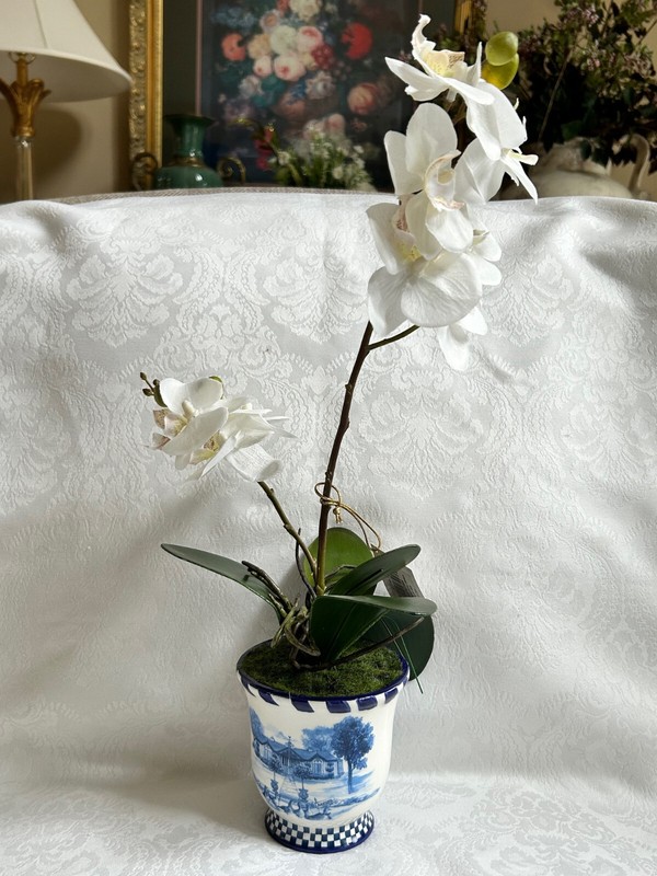 Mackenzie Childs ROYAL TOILE Medium POTTED ORCHID Blue/White Ceramic 17″ T NEW
