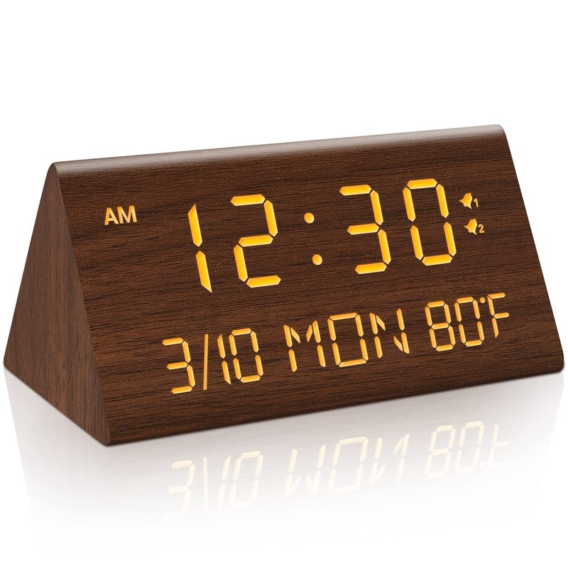 Wooden Digital Alarm Clock, 0-100% Dimmer, 2 Alarm Settings, Weekday/Everyday…