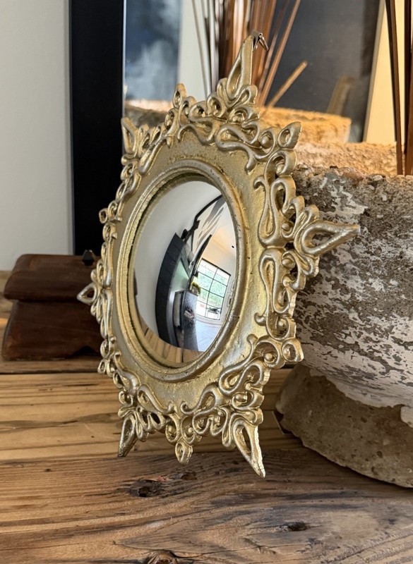 Convex Framed Mirror 11" Round Gold Ornate Cast Metal Antique VTG Style gallery