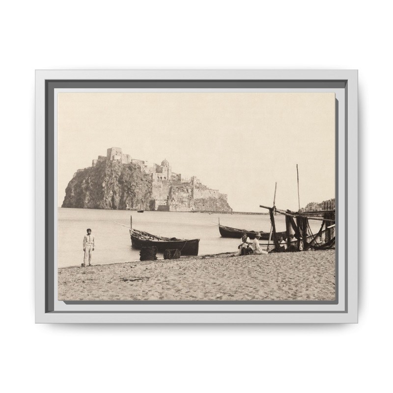 Ischia Aragonese Castle Vintage Seaside Beach Scene Matte Canvas, Framed