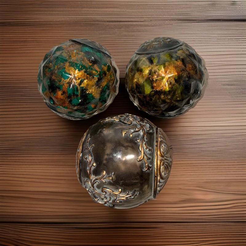 3 Decorative Balls Ornate Orbs Spheres 4″ Diameter Teal Gold Brass