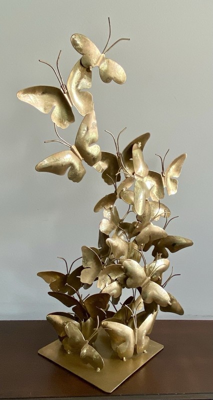 Large Metal 3D BUTTERFLIES IN FLIGHT Tabletop Sculpture W/ Distressed Gold/Brass gallery