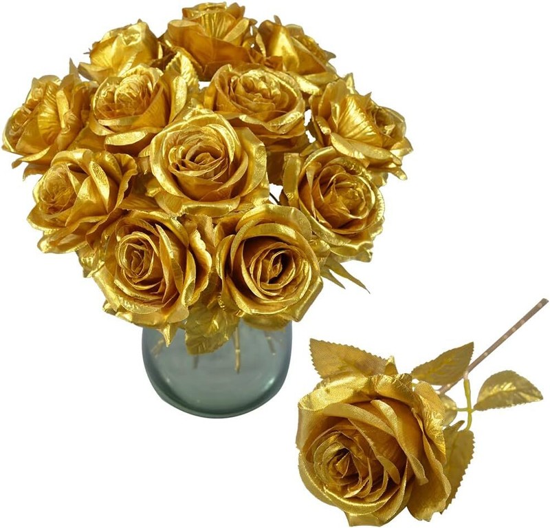 12PCS Gold Silk Roses Short Stem Artificial Flowers for Wedding & Party Decor