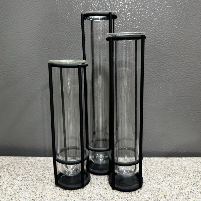 Tri-Level 5”, 6”, 7” Black Metal Holder 3 Glass Test Tubes Vase Set in EUC