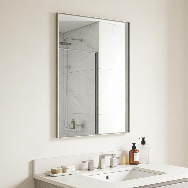 Brushed Nickel 36×24 Inch Metal Framed Bathroom Mirror – Versatile Design