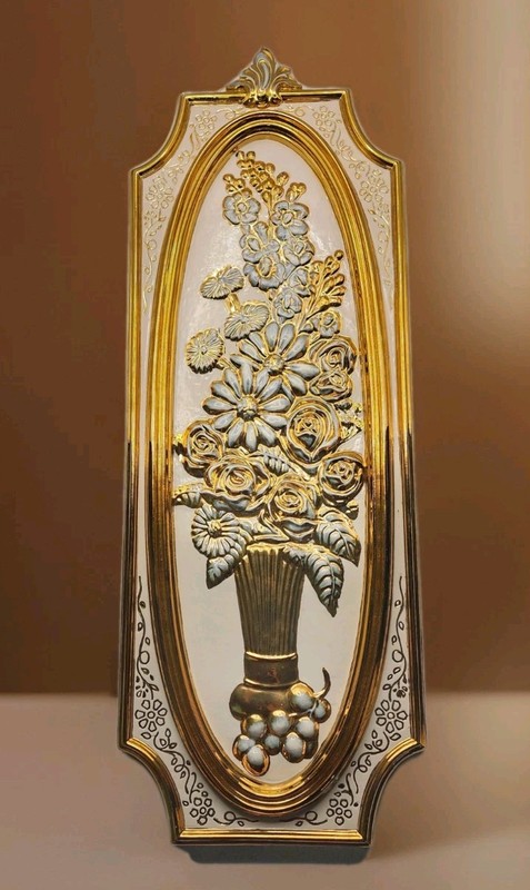 VINTAGE PAIR 21" Chalkware 3D Floral Wall Plaques Gold Gilded Hollywood Regency