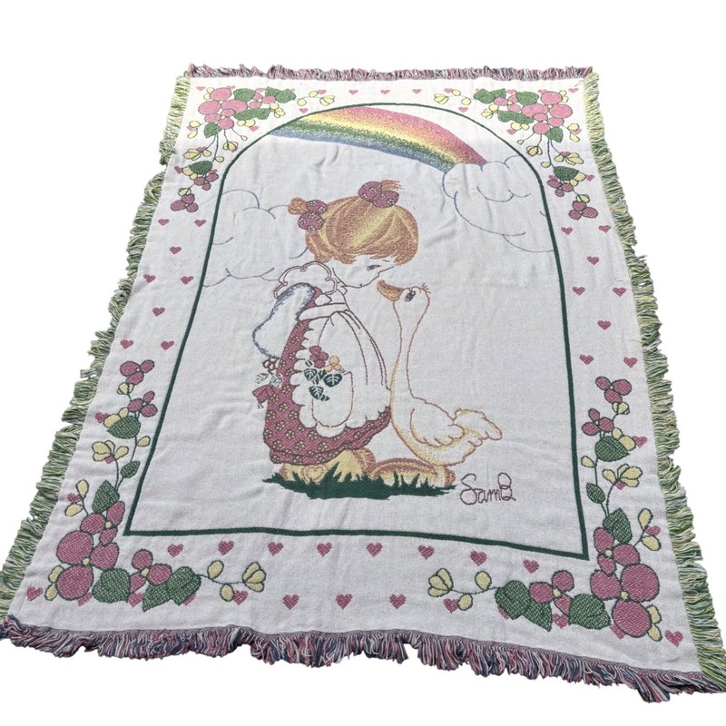 Vintage Precious Moments Blanket Goose Rainbow Girl Goose Heart Floral Fringe