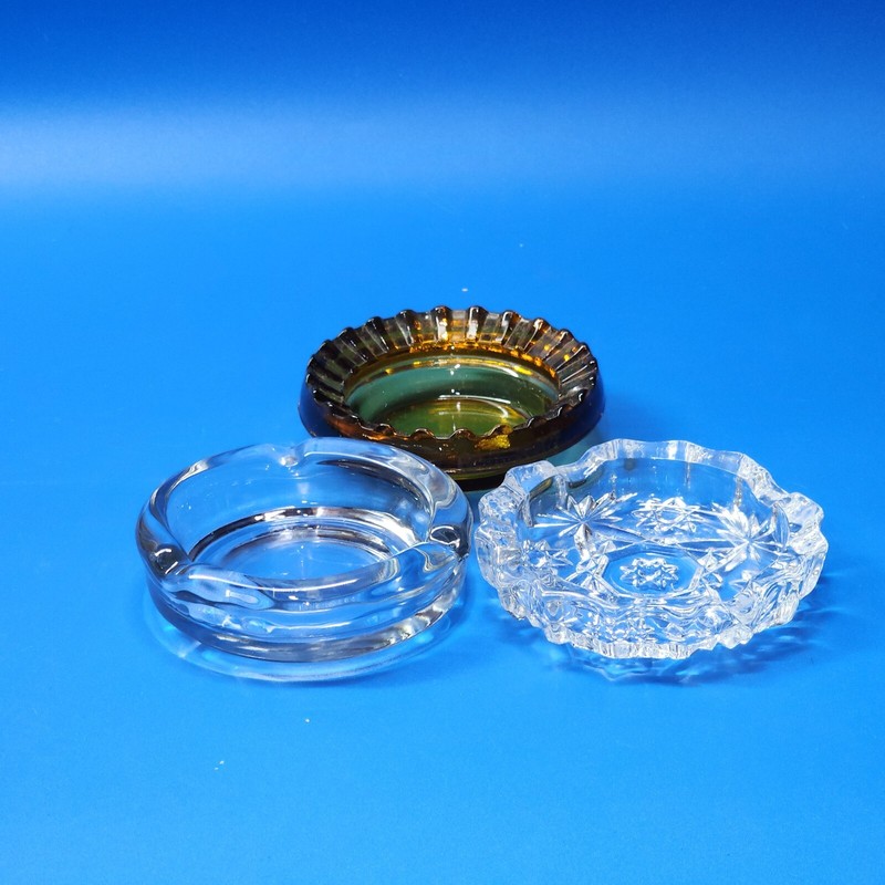 Mixed Style Glass Ashtrays 4″ Amber Clear Cut Glass – Lot of 3