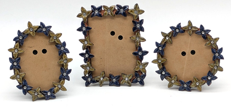 3 Pier 1 Imports Jeweled Enamel Metal Picture Frames Flowers Blue Green Copper gallery