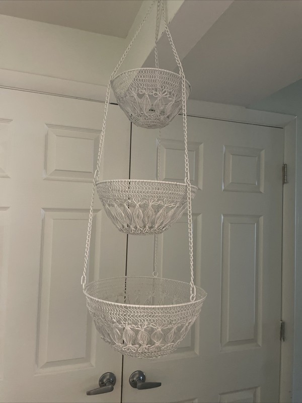 White wire Hand woven hanging three tiered fruit basket-Farmhouse, Boho Vibe