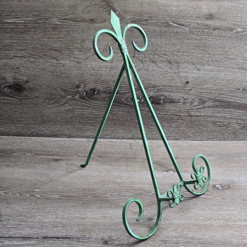 Vintage Fleur De Lis Metal Easel Stand Verdigris Green Patina Plate Display 16" gallery