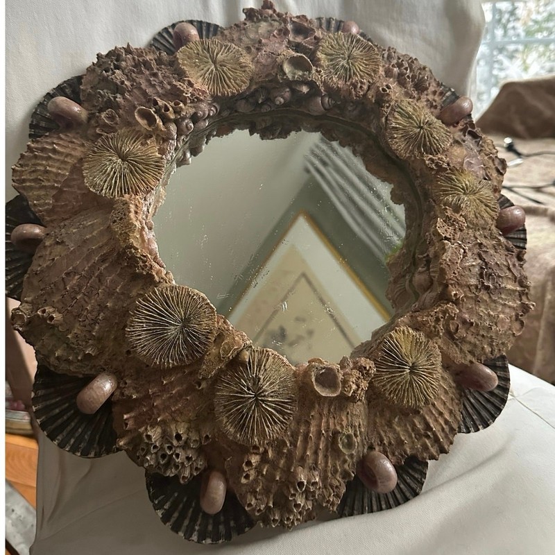 Seashell Mirror Wall Decor 15" Signed '02 Heavy round Hayes Parker Tan Beige gallery