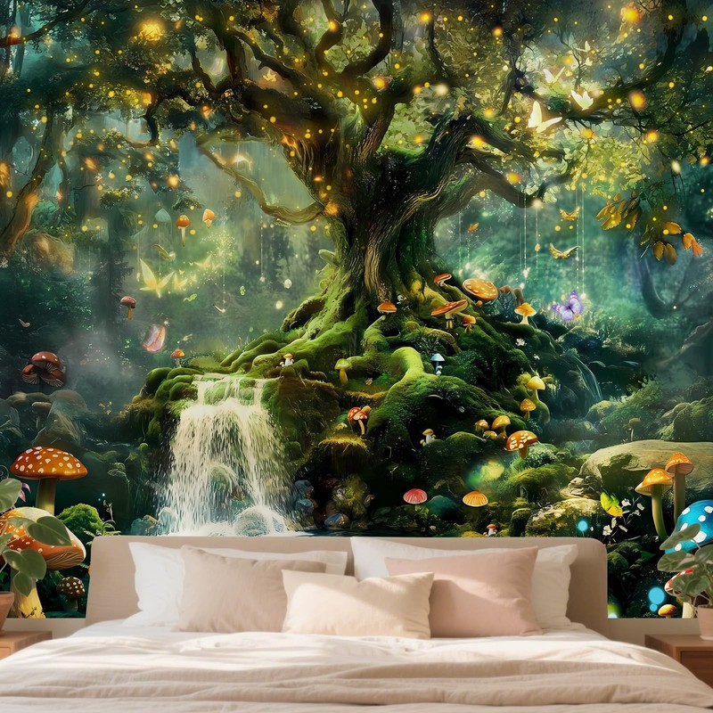 Forest Nature Tapestry Wall Hanging Green Fantasy Tree Life Backdrop 51in x 60in