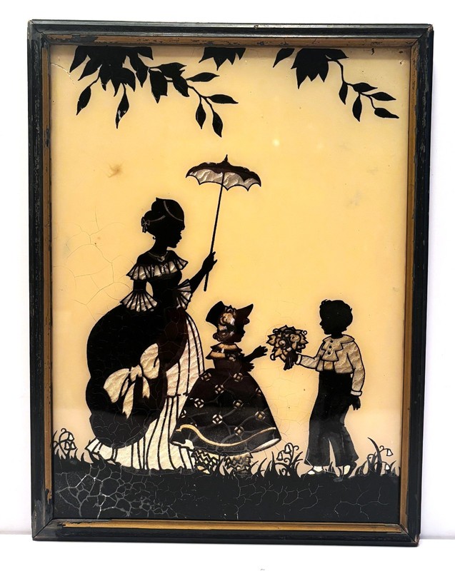 1930’s Reverse Hand Painted Silhouette “Little Colonial Sweethearts” 13×10