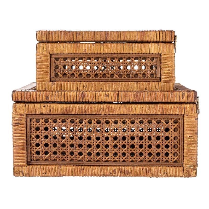 NEW -Modern Decorative Square Woven Rattan and Wood Display Boxes with Glass Top gallery