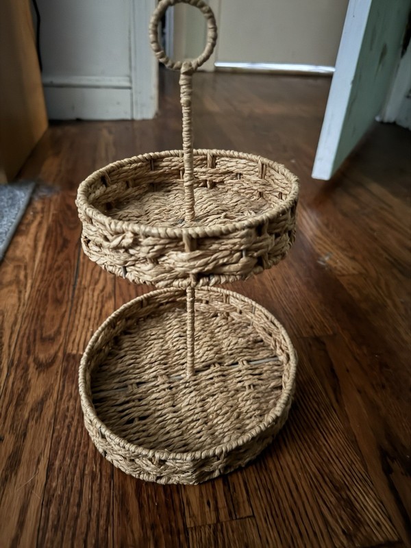 Wicker Two-Tier Rustic Basket Stand with Handles, 2-Tier, Beige, Used