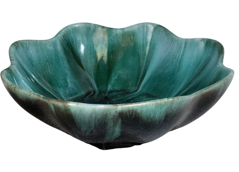 BMP Blue Mountain Pottery Blue Green Drip Glaze Bowl Ruffle Scallop Edge 10" gallery