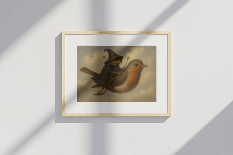 Frog Wizard Riding Bird Poster Cute Cottagecore Wall Art Whimsical Nursery Decor gallery