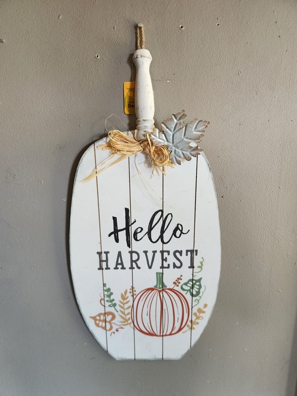 Wooden Fall Decorative Pumpkin Shaped Sign “Hello Harvest” 23¾×11½