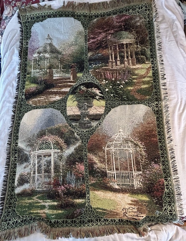 Thomas Kinkade Tapestry Throw Blanket Gazebos Garden Flowers Fringe 68×44″