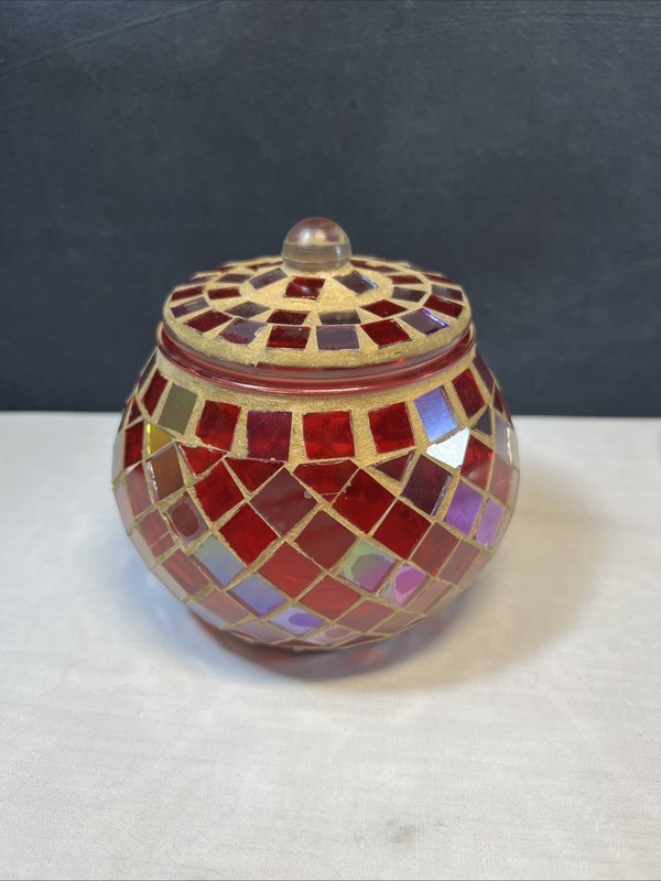 Red & Silver Mirrored Mosaic Glass Tiled Decorative Jar With Lid