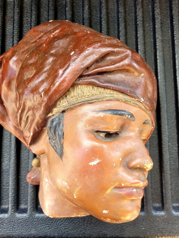 Vintage 1950’s Plaster Bust Of Stoic Woman Wearing Headress Wall Hanging 10″