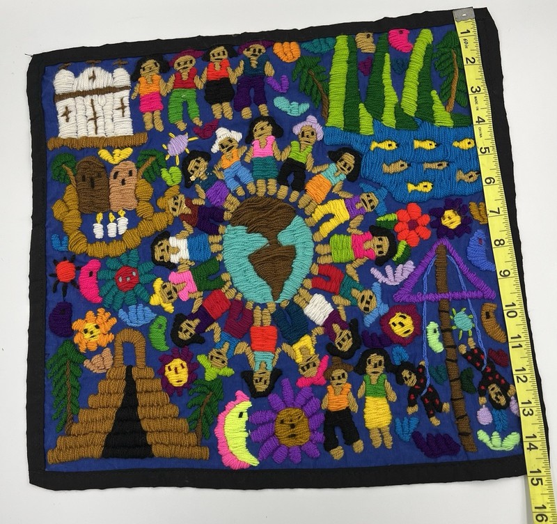 Hand Embroidered Tapestry Unknown Origin Bright and Colorful 15.5 x 15 gallery
