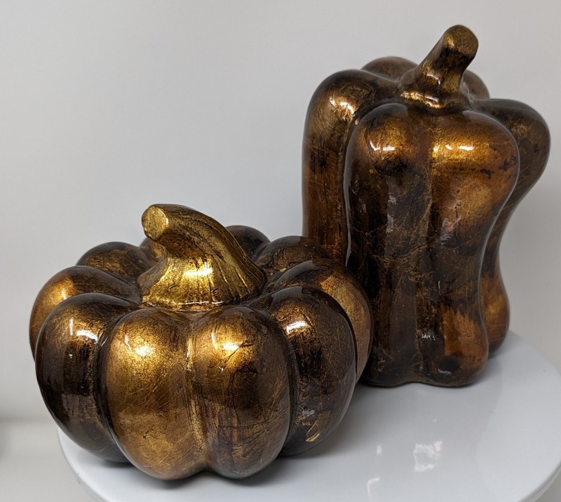 2 Decorative Pumpkins Fall Thanksgiving Decor Gold Leaf & Lacquer over Ceramic