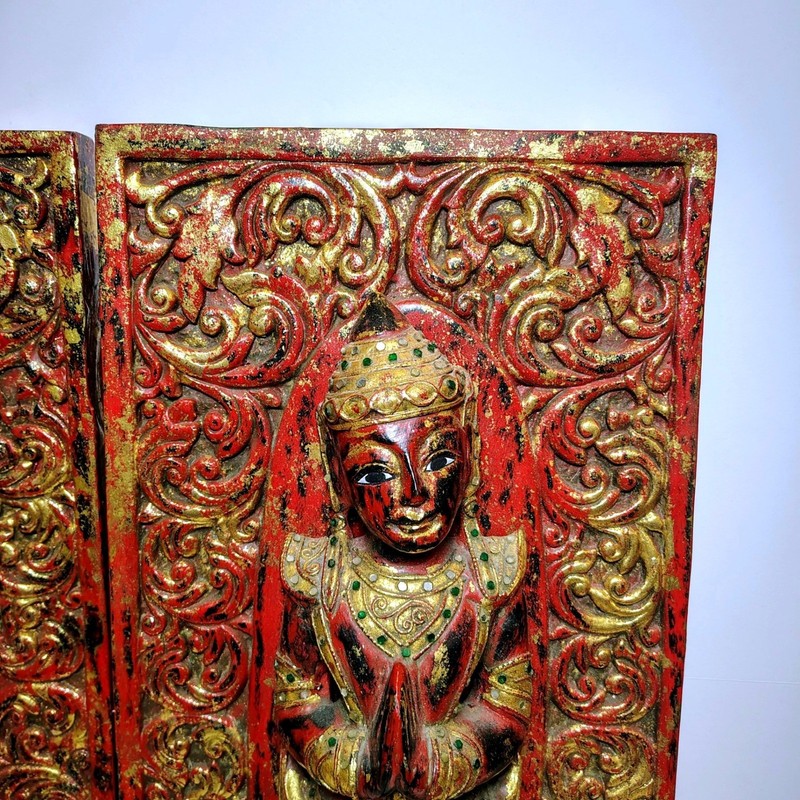 Vintage Thai Burmese Hand Carved Wood Buddha Wall Panels Set of 2 Red Gold 24x12 gallery