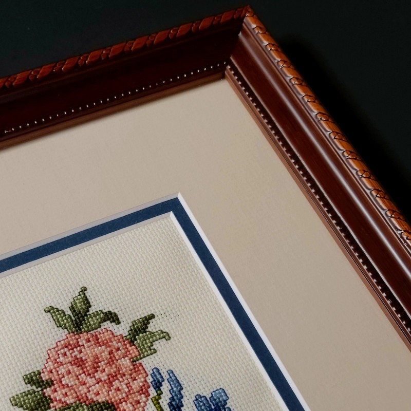 2 Cross Stitch Wall Art Spring Flowers Vintage Matted Wood Frames Glass gallery