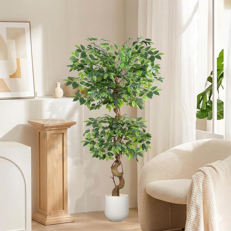 5FT Artificial Ficus Tree,Large Fake Tree with White Planter, Tall Faux Ficus gallery