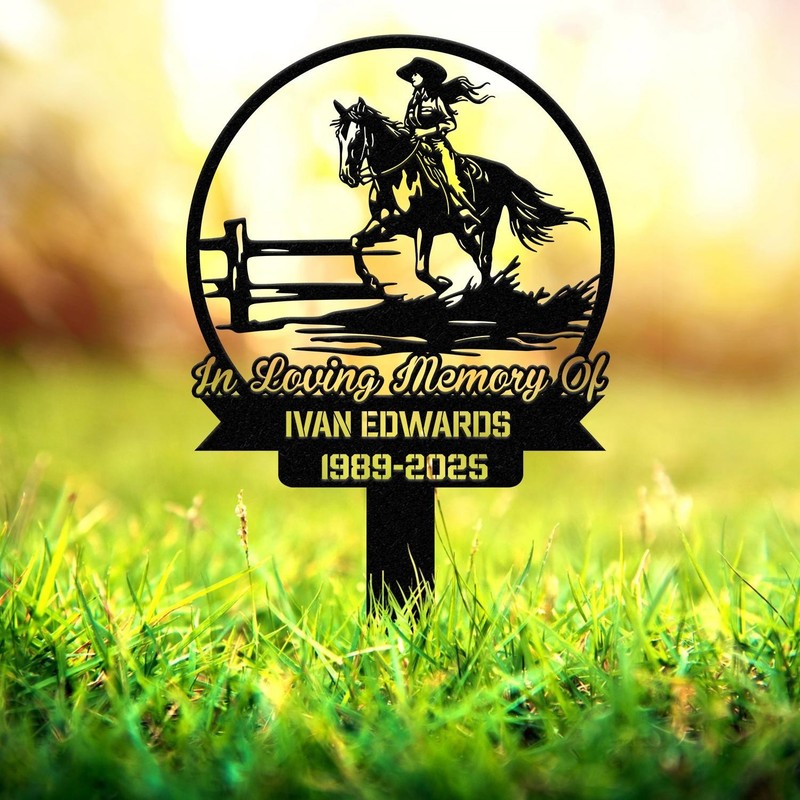 Cowboy Rider Memorial Metal Stake, Personalized Grave Marker Sign, Western Horse