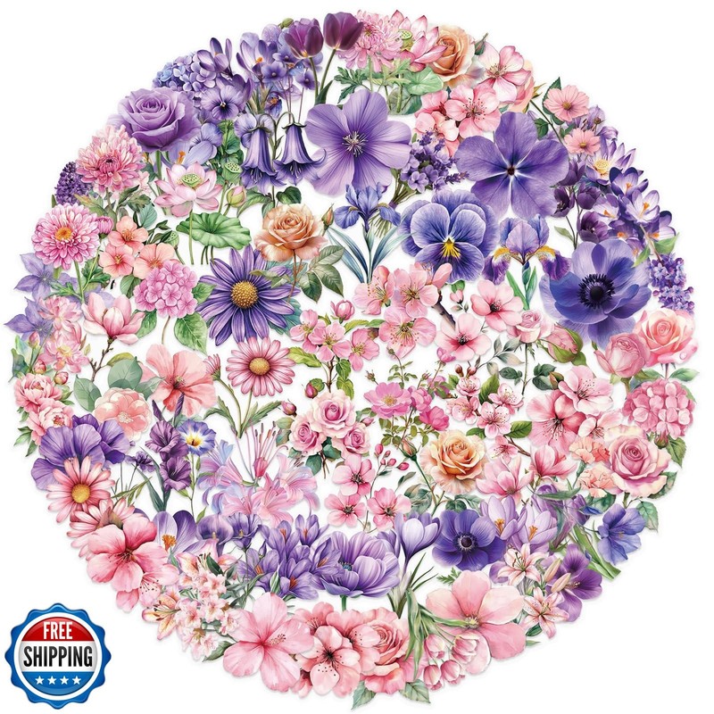 100PCS Cute Flower Transparent Stickers Pack,Aesthetic Pink and Purple Flower