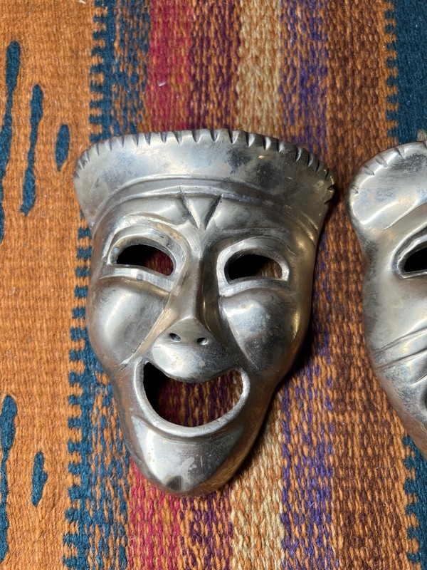 Vintage Solid Brass Comedy & Tragedy Masks 5" Theater Drama Wall Decor Set India gallery
