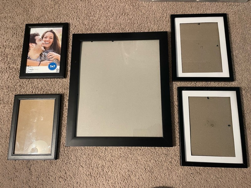 Lot Of 5 Black Picture Frames 4- 5x 7 / 1- 11 X 13 All Have Glass-Good Condition