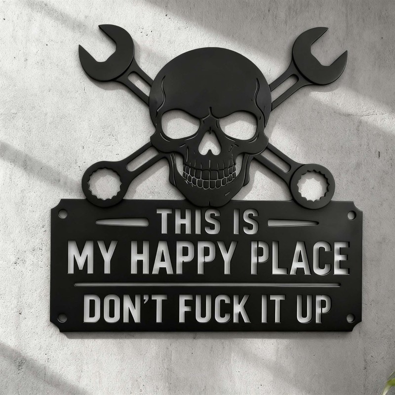 Industrial Style Metal Sign, This Is My Happy Place Skull Plaque