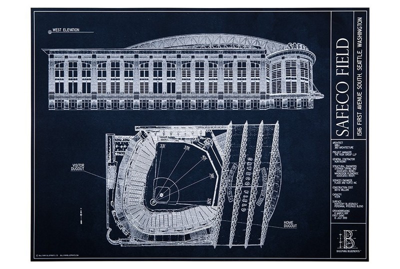 Safeco Field – Blueprint Style Print (Unframed, 18″ H x 24″ W)